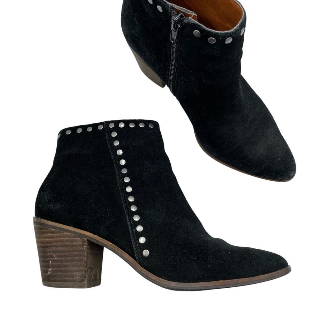 Lucky Brand Black Suede Studded Ankle Boots Stacked Heel Booties Womens 7 Fall
